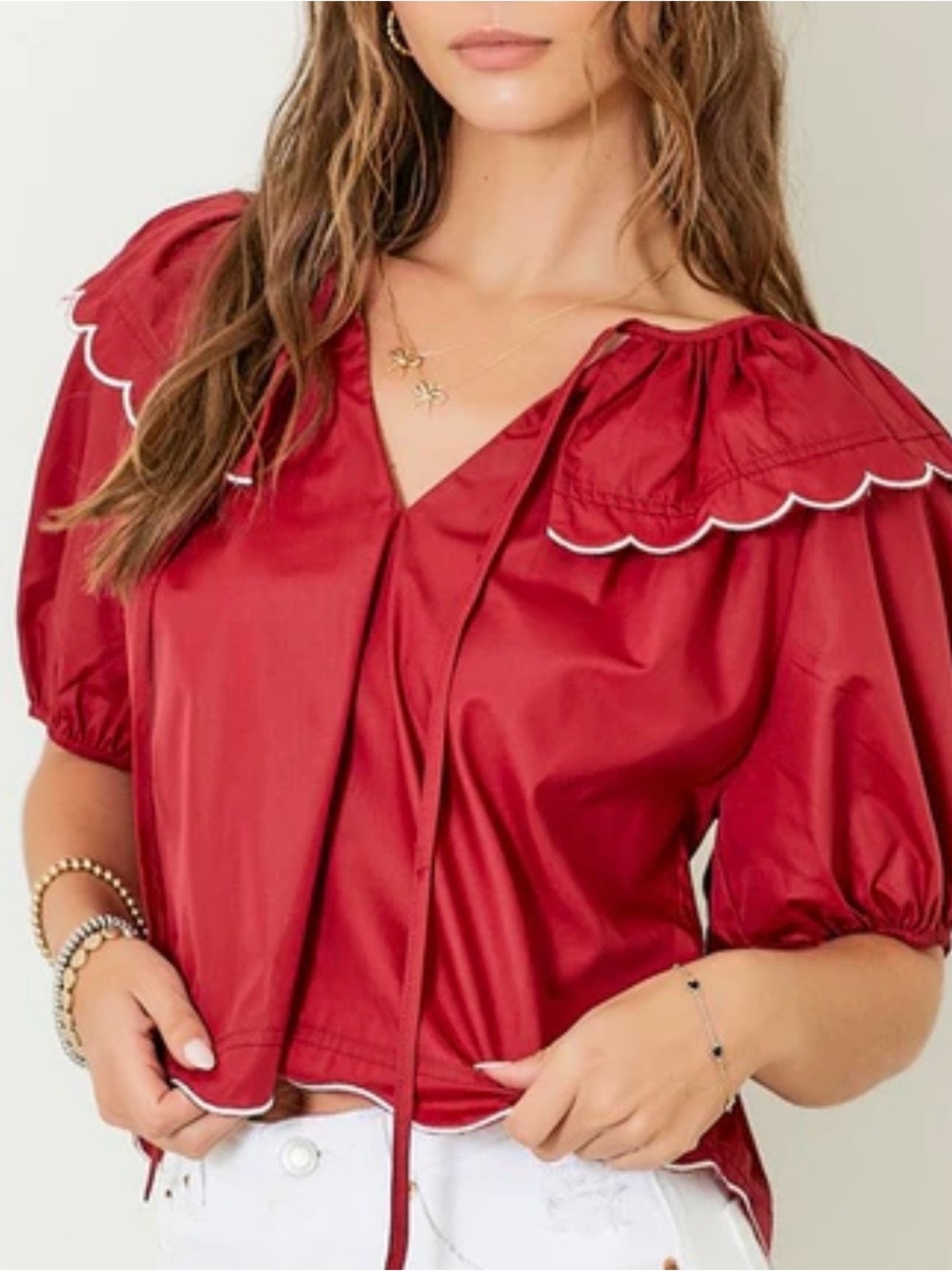Scallop-Trim Puff Sleeve Blouse - Women